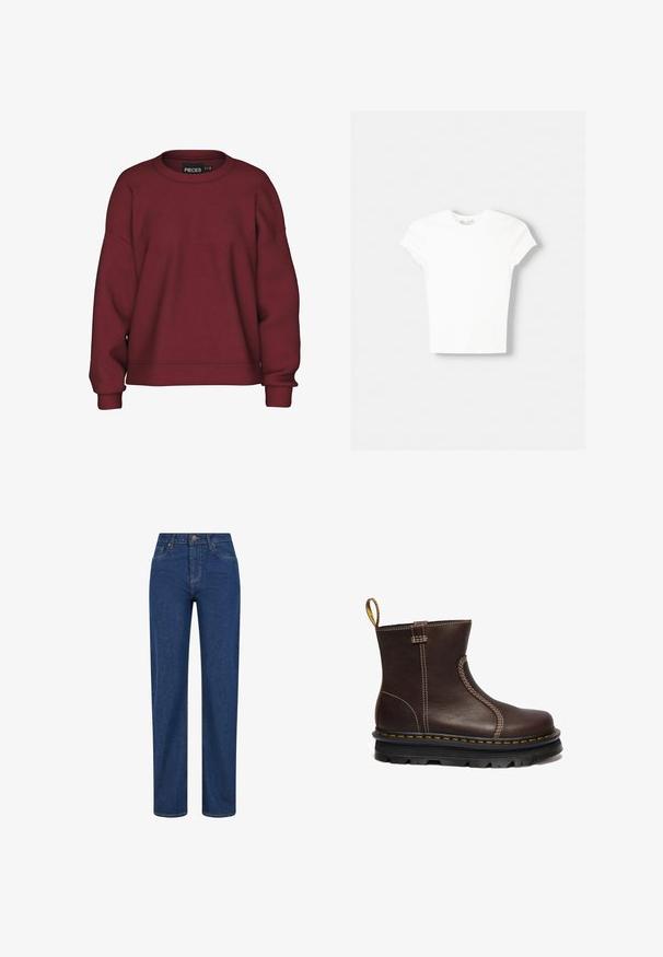 Bordeaux sweatshirt med rund hals, afslappet pasform, lange ærmer, ribbede manchetter og en blød bomuldsblanding. Simpelt design, ingen mønstre.; Hvid kortærmet t-shirt lavet af blød bomuld, med rund halsudskæring og en tætsiddende form. Ingen synlige mønstre eller udsmykninger.; Blå denimjeans med lige ben, høj talje, knaplukning og minimalt syninger. Stoffet ser robust og tekstureret ud.; Brun læder ankelstøvle med en glat overflade, kontrastfarvet gul syning og en tyk sort gummisål. Har en løkke bagpå.