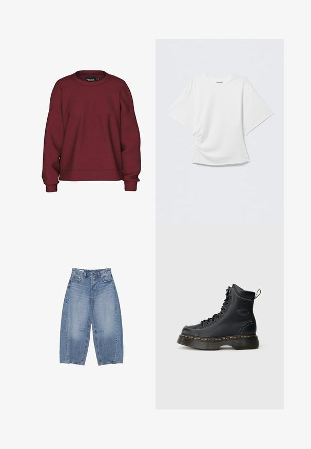Bordeaux sweatshirt med rund hals, afslappet pasform, lange ærmer, ribbede manchetter og en blød bomuldsblanding. Simpelt design, ingen mønstre.; Hvid oversize T-shirt med korte ærmer og rund hals, let krøllet front, vist mod en ensfarvet lysegrå baggrund.; Bredbenede blå cowboybukser med forlommer, bæltestropper og lukning med knap og lynlås, lagt fladt på en hvid baggrund.; Sorte læder snørebåndsstøvler med tekstureret finish, polstret ankel, gul syning og en kraftig sål, med et trækhåndtag bagpå.