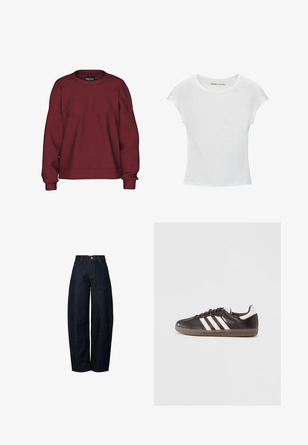 Bordeaux sweatshirt med rund hals, afslappet pasform, lange ærmer, ribbede manchetter og en blød bomuldsblanding. Simpelt design, ingen mønstre.; Hvid bomuld t-shirt med korte, opsmøgede ærmer, rund halsudskæring og lige kant. Glat tekstur uden synlige mønstre eller detaljer.; Bredde ben mørkeblå denim jeans med høj talje, færdiggjort med kontrasterende orange syninger og en knaplukning foran.; Mørkebrune lædersneakers med hvidt tre-stribet design, en gummisål og "Samba" i gyldne bogstaver på siden. Klassisk lavtopform.