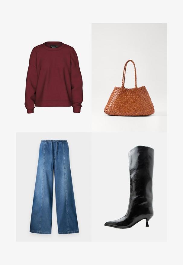 Bordeaux sweatshirt med rund hals, afslappet pasform, lange ærmer, ribbede manchetter og en blød bomuldsblanding. Simpelt design, ingen mønstre.; Blå denim bukser med vide ben, elastisk talje og snor, med lodrette syninger på hver ben.; Sort skinnende knæhøj læderstøvle med spids tå og lav buet hæl på en ensfarvet lys baggrund.; DRAGON DIFFUSION SANTA CROCE BIG - Håndtasker - tan
