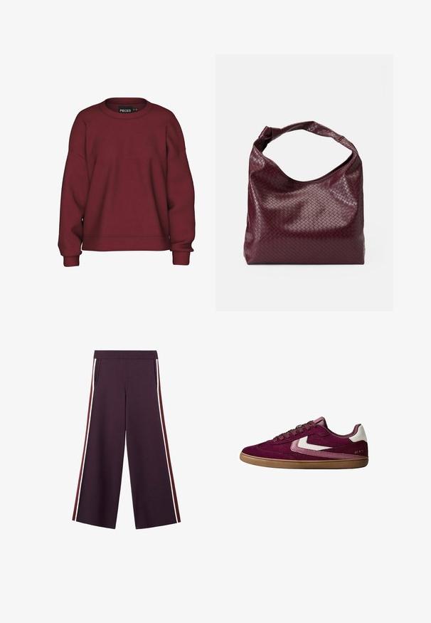 Bordeaux sweatshirt med rund hals, afslappet pasform, lange ærmer, ribbede manchetter og en blød bomuldsblanding. Simpelt design, ingen mønstre.; Bukser med vide ben i mørkelilla med ribbet elastisk taljebånd og sidelommer med striber i bordeaux og hvid, med forlommer.; Lave casual sneakers i burgunder ruskind med hvide og lyserøde detaljer, gummisål og snørebåndlukning, set fra siden på hvid baggrund.; Burgunderfarvet taske med et tekstureret, vævet mønster, blødt lædermateriale og et enkelt, knyttet håndtag. Rummeligt, hobo-stil design.