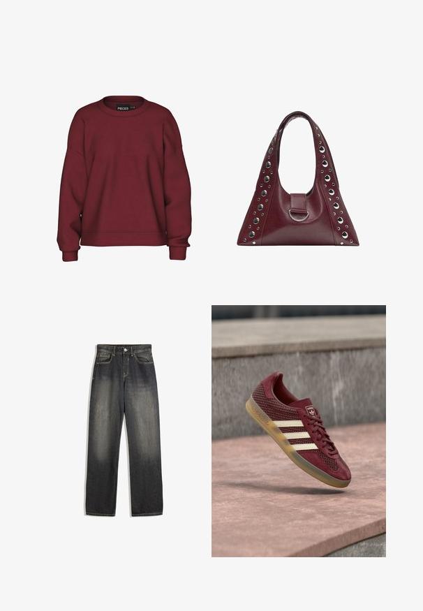 Bordeaux sweatshirt med rund hals, afslappet pasform, lange ærmer, ribbede manchetter og en blød bomuldsblanding. Simpelt design, ingen mønstre.; Mørk vask denim jeans med en afslappet pasform, der har lige ben, synlige sømme og en falmet gradient effekt på forsiden.; Vinrød sneaker med mesh- og ruskindsmaterialer. Har tre hvide striber, rund snude og en gummisål. Bagerst er der logodetalje.; Vinrød lædertaske med trekantet form, en enkelt rem, sølvfarvede runde nitter langs kanterne og en central sølv ringdetalje.