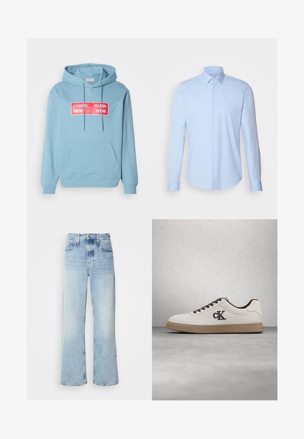 Lys blå hættetrøje med en frontlomme, der har en iøjnefaldende rød rektangulær grafik med teksten "CALVIN KLEIN NEW YORK" i hvid. Justerbar hætte.; Lyseblå skjorte med knaplukning, fremstillet af bomuld, med klassisk krave, lange ærmer og et lille logo på brystet. Glat tekstur.; Lysblå vide jeans med høj talje, der har en falmet finish, bæltestropper og klassisk fem-lomme design. Kantene er rå.; Hvid sneakers med brune accenter, ruskindsmateriale, flade snørebånd og gummisål. Har en logo på siden og en glat tekstur.
