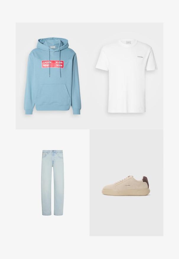 Lys blå hættetrøje med en frontlomme, der har en iøjnefaldende rød rektangulær grafik med teksten "CALVIN KLEIN NEW YORK" i hvid. Justerbar hætte.; Hvid bomulds T-shirt med korte ærmer og rund halsudskæring. Har et lille sort "Calvin Klein" logo på venstre bryst.; Lyseblå denimjeans med lige ben, foran knap- og lynlåslukning, bæltestropper og forlommer.; Beige ruskind sneakers med rund tå, snørret foran og en brun ruskindsdetalje på hælen. Har en tekstureret gummisål.