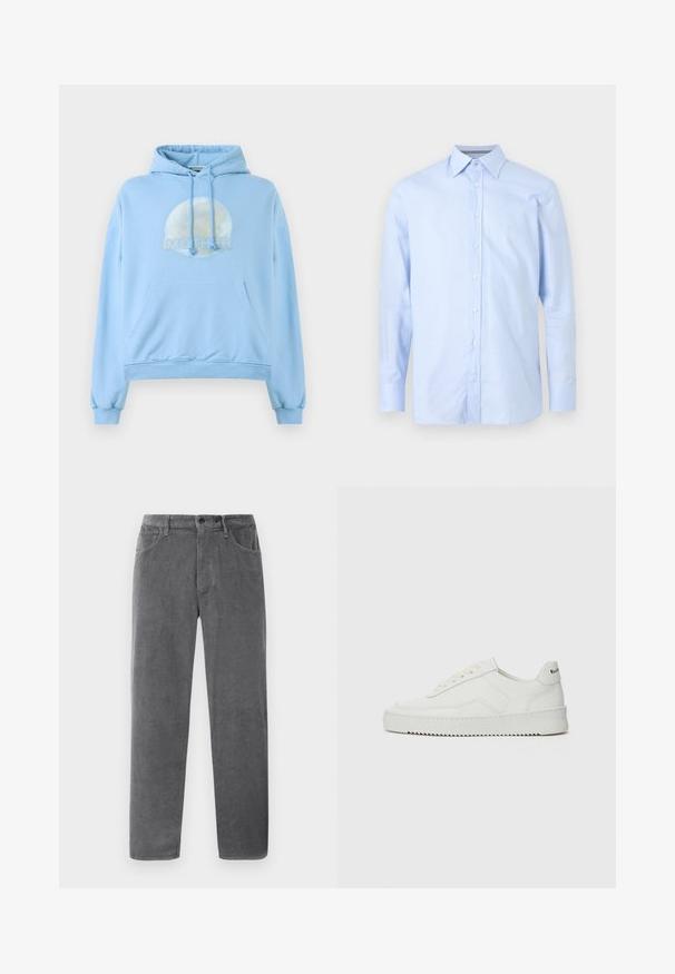Sudadera con capucha de color azul claro, hecha de material suave, que presenta un gráfico circular de la luna y la palabra "MOTHER" de forma destacada.; Camisa de manga larga color azul claro con un patrón geométrico pequeño y sutil y cuello puntiagudo sobre un fondo liso.; Pantalones de pana gris con corte recto, que cuentan con dos bolsillos delanteros, cierre de botón y estrías verticales texturizadas.; Zapatilla de cuero blanca con un acabado suave, puntera redonda, cordones planos y suela texturizada. Cuenta con un sutil logo en el talón.