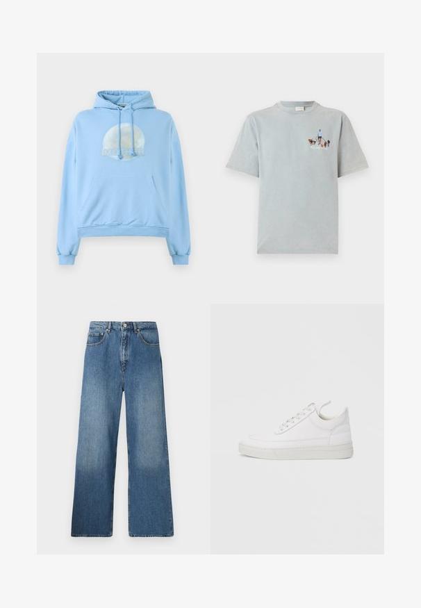Helles blaues Kapuzensweatshirt aus weichem Material, mit einer runden Grafik des Mondes und dem prominent dargestellten Wort "MUTTER".; Helles blaues Baumwoll-T-Shirt mit kurzen Ärmeln und Rundhalsausschnitt, das auf der Vorderseite ein grafisches Design einer Person zeigt, die Hunde spazieren führt.; Breite blaue Denim-Jeans mit klassischem Fünf-Taschen-Design, Knopfverschluss vorne und leichtem Verblassen für Textur.; Weißer Ledersneaker mit abgerundetem Zehenbereich, flacher Sohle und Schnürverschluss. Verfügt über Nahtdetails und einen gepolsterten Kragen für zusätzlichen Komfort.