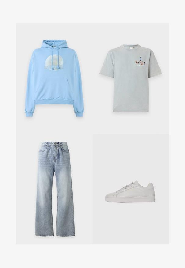 Sudadera con capucha de color azul claro, hecha de material suave, que presenta un gráfico circular de la luna y la palabra "MOTHER" de forma destacada.; Camiseta de algodón de color azul claro con manga corta y cuello redondo, que presenta un diseño gráfico de una persona paseando perros en la parte frontal.; Vaqueros de pierna ancha de tiro alto en azul claro con bolsillos delanteros, cierre de botones y lavado desgastado en muslos y rodillas.; Zapatilla de cuero gris claro con una textura suave, punta redondeada, suela de goma plana y cordones tonales. Presenta una marca mínima en dorado.