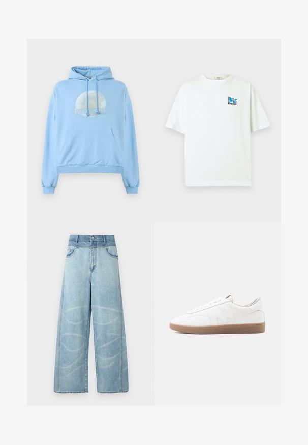 Sudadera con capucha de color azul claro, hecha de material suave, que presenta un gráfico circular de la luna y la palabra "MOTHER" de forma destacada.; Camiseta blanca de manga corta con pequeño logo de zorro azul y texto "Maison Kitsuné 2062 Paris" en la parte superior izquierda del pecho.; Vaqueros azul claro de pierna ancha con talle alto, bolsillos delanteros, cierre de botones y sutiles patrones de remolino desvaídos en las piernas.; Zapatilla blanca de corte bajo con suela de goma color caramelo, superposiciones cosidas y cierre de cordones sobre fondo neutro.
