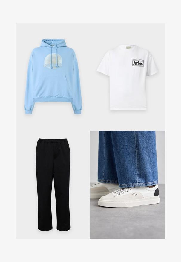 Sudadera con capucha de color azul claro, hecha de material suave, que presenta un gráfico circular de la luna y la palabra "MOTHER" de forma destacada.; Camiseta blanca de manga corta con un pequeño logotipo negro "Aries" dentro de un marco rectangular en la zona del pecho izquierdo.; Pantalones negros de longitud media con cintura elástica. Fabricados con una tela suave, presentan un ajuste relajado y no tienen bolsillos visibles ni adornos.; Zapatillas blancas y negras con una parte superior de cuero suave, acentos texturizados y una suela blanca gruesa. Presenta un diseño clásico de cordones.
