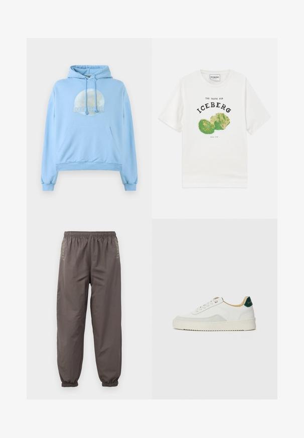 Sudadera con capucha de color azul claro, hecha de material suave, que presenta un gráfico circular de la luna y la palabra "MOTHER" de forma destacada.; Camiseta blanca de algodón con un gráfico de lechuga iceberg, con texto negro que dice "EL SABOR DE LA ICEBERG" y "Desde 1974."; Pantalones oscuros de color gris, con cintura elástica y corte relajado. Presentan puños fruncidos y un bordado sutil en los lados. Tejido ligero.; Zapatilla blanca con acentos de ante, puntera redondeada, cordones planos y suela de goma color crema. Presenta un logo verde en el talón.