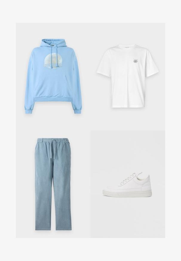 Sudadera con capucha de color azul claro, hecha de material suave, que presenta un gráfico circular de la luna y la palabra "MOTHER" de forma destacada.; Camiseta blanca de algodón con mangas cortas, cuello redondo y un pequeño logo gris en el lado izquierdo del pecho. Textura suave.; Pantalones de pana de color azul claro con cintura elástica, cordón ajustable, forma de pierna recta y textura acanalada. Sin bolsillos visibles.; Zapatilla blanca de cuero con punta redondeada, suela plana y cierre de cordones. Presenta detalles de costuras y un cuello acolchado para mayor comodidad.