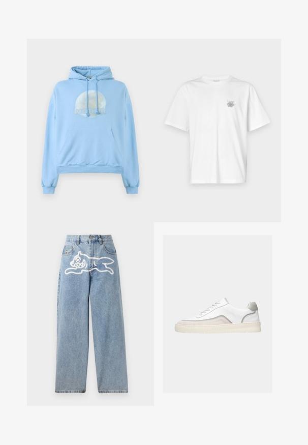 Helles blaues Kapuzensweatshirt aus weichem Material, mit einer runden Grafik des Mondes und dem prominent dargestellten Wort "MUTTER".; Weißes T-Shirt aus Baumwolle mit kurzen Ärmeln, Rundhalsausschnitt und kleinem grauen Logo auf der linken Brustseite. Glatte Textur.; Helleblaue Denim-Jeans mit einer lockeren, weiten Passform. Auf der Rückseite befindet sich ein weißes Grafikdesign eines laufenden Katers. Klassisches Fünf-Taschen-Design.; Weißer Low-Top-Sneaker mit beigen Velours-Akzenten, grauem Besatz, weißen Schnürsenkeln und dick sohler off-white Gummisohle, von der Seite auf hellem Hintergrund gezeigt.
