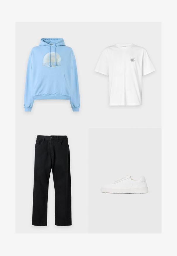 Sudadera con capucha de color azul claro, hecha de material suave, que presenta un gráfico circular de la luna y la palabra "MOTHER" de forma destacada.; Camiseta blanca de algodón con mangas cortas, cuello redondo y un pequeño logo gris en el lado izquierdo del pecho. Textura suave.; Pantalones vaqueros negros de denim, con un diseño clásico de cinco bolsillos, corte recto y cierre de botón. Textura suave, sin patrones visibles.; Zapatilla blanca con parte superior de cuero suave, puntera redondeada, cordones, acentos laterales texturizados y suela de goma gruesa. Diseño minimalista.