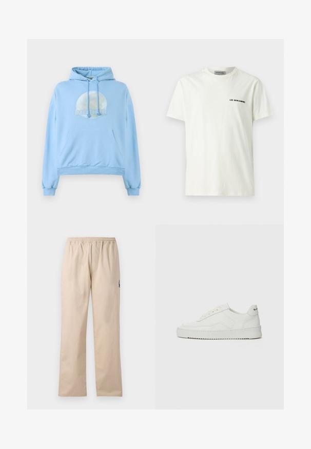 Lichtblauwe hoodie gemaakt van zacht materiaal, met een ronde grafische afbeelding van de maan en het woord "MOTHER" dat prominent wordt weergegeven.; Les Benjamins SHORT SLEEVE TEE - T-shirt basic - white; Beige, lichte, geweven broek met elastische tailleband. Heeft rechte pijpen en een klein geborduurd logo aan de zijkant.; Witte leren sneaker met een gladde afwerking, ronde neus, platte veters en een gestructureerde zool. Kenmerkt zich door een subtiel logo op de hiel.