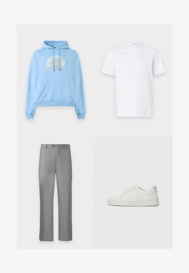 Lyseblå hættebluse lavet af blødt materiale, med et cirkulært grafisk design af månen og ordet "MOR" vist fremtrædende.; Hvid bomulds t-shirt med rund halsudskæring og korte ærmer. Glat tekstur, lige snit og minimalistisk design uden mønstre eller accenter.; Grå skræddersyede bukser med bælte-løkker, frontknap og lynlås, med lige ben.; Hvide lædersneakers med en glat overflade, rund tå, flade snørebånd og en tekstureret sål. Har et diskret logo på hælen.