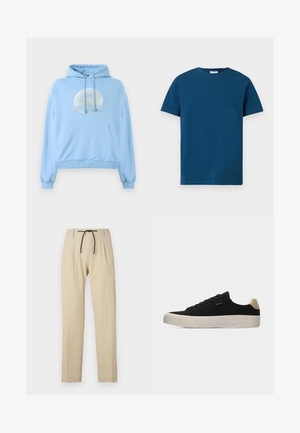 Sudadera con capucha de color azul claro, hecha de material suave, que presenta un gráfico circular de la luna y la palabra "MOTHER" de forma destacada.; Camiseta de cuello redondo de color azul oscuro, hecha de algodón suave, con mangas cortas y una textura simple y lisa, con un corte recto.; Pantalones beige de corte recto, con cintura elástica ajustable, frontal con pliegues y textura suave. Diseño simple y versátil.; Zapatilla negra de corte bajo con pestaña de talón beige, suela gruesa de goma blanca, cordones negros y pequeña etiqueta "PS Paul Smith" en el lateral.