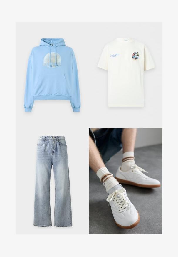 Helles blaues Kapuzensweatshirt aus weichem Material, mit einer runden Grafik des Mondes und dem prominent dargestellten Wort "MUTTER".; Weißes kurzärmliges T-Shirt mit blauem Text "Filling Pieces Breaking Bread" und einer kleinen Grafik von verschiedenen Menschen, die um einen Tisch sitzen.; Hellblaue Jeans mit hoher Taille und weitem Bein, Fronttaschen, Knopfverschluss und ausgewaschenem Effekt an Oberschenkeln und Knien.; Weiße Ledersneaker mit glatter Textur, grauen Wildlederelementen, beigen Gummisohlen und flachen Schnürsenkeln. Kombiniert mit cremefarbenen und braun gestreiften Socken.