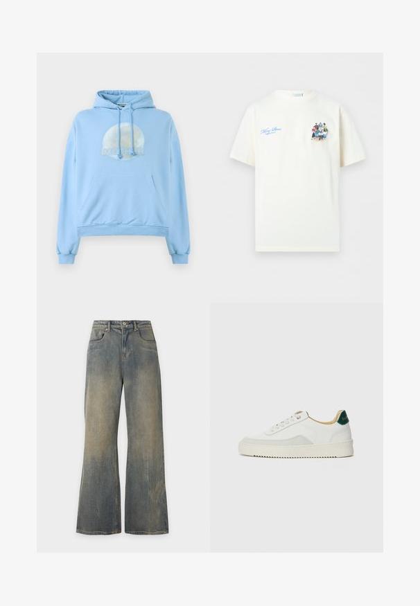 Lichtblauwe hoodie gemaakt van zacht materiaal, met een ronde grafische afbeelding van de maan en het woord "MOTHER" dat prominent wordt weergegeven.; Witte T-shirt met korte mouwen en blauwe tekst "Filling Pieces Breaking Bread" en een kleine afbeelding van diverse mensen die rond een tafel zitten.; Wijde, vervaagde blauwe spijkerbroek met voorzakken en riemlussen, afgebeeld tegen een eenvoudige lichte achtergrond.; Witte sneaker met suède accenten, ronde neus, platte veters en een crème rubberen zool. Bevat groene branding op de hiel.