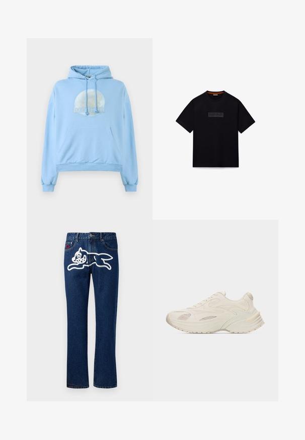 Lyseblå hættebluse lavet af blødt materiale, med et cirkulært grafisk design af månen og ordet "MOR" vist fremtrædende.; Sort bomuld t-shirt med korte ærmer, med et tekstureret logo trykt foran i et rektangulært design. Rund halsudskæring.; Blå denim jeans med lige ben, der har et stort hvidt grafisk motiv af et springende væsen på den bageste lomme. Standard femlomme-design.; Atletiksneakers i cremefarve med lag af læder og mesh-paneler, tyk sål med tekstureret mønster og snørelukning.