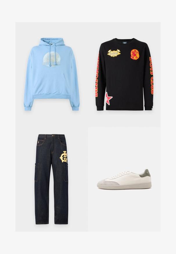 Helles blaues Kapuzensweatshirt aus weichem Material, mit einer runden Grafik des Mondes und dem prominent dargestellten Wort "MUTTER".; Schwarzes Baumwoll-T-Shirt mit langen Ärmeln, das rote und gelbe Grafikdrucke zeigt, darunter einen Astronauten und einen Stern, mit dem Schriftzug "Billionaire Boys Club".; Dunkle Denim-Cargohosen mit einem goldenen Logo auf dem Oberschenkel, zwei Seitentaschen und kontrastierenden gelben Nähten entlang der Nähte.; Weißer niedriger Sneaker mit hellgrauen Wildleder-Akzenten an Zehen und Ferse, weißen Schnürsenkeln und einer flachen beigen Sohle, von der Außenseite gezeigt.