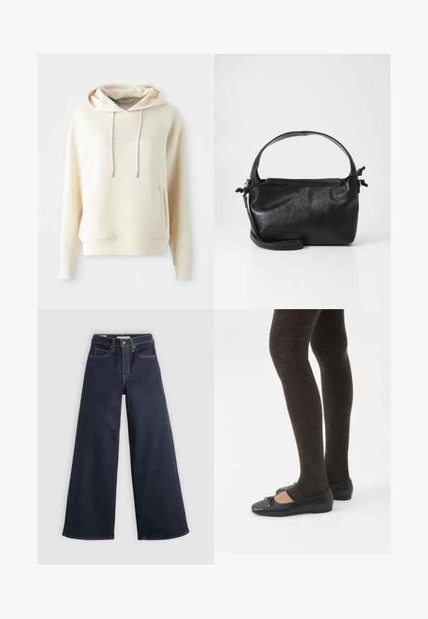 Cremefarvet hætteklædning med frontkangaroo-lomme og snoretræk, med subtilt tonal logo-tekst centreret på brystet.; Bredde ben denim jeans i mørkeblå med kontrastsyninger. Har det traditionelle fem-lomme design og en knaplukning ved taljen.; Ben iført mørke ribbede leggings kombineret med sorte balletsko med små sløjfedetaljer på hvid baggrund.; Sort læderhåndtaske med et struktureret design, rund tophåndtag og aftagelig skulderrem. Den har en glat tekstur og en subtil glans.