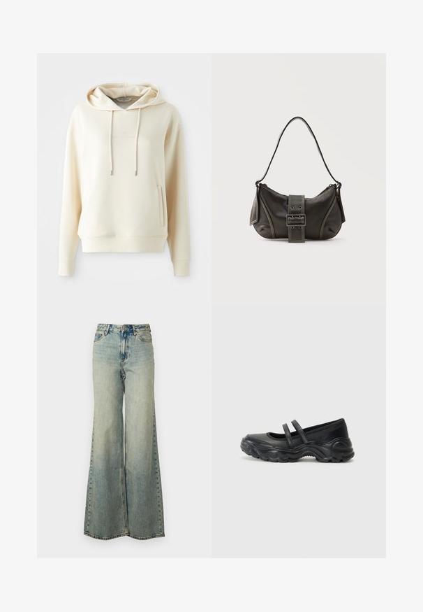 Cremefarvet hætteklædning med frontkangaroo-lomme og snoretræk, med subtilt tonal logo-tekst centreret på brystet.; Lyseblå vide jeans lavet af denim, med høj talje, bleget vask og sidelommer med synlige stikninger.; Sorte læder mary jane flade sko med to justerbare remme, en rund tå og en struktureret gummisål for ekstra greb.; Sort læder skuldertaske med spænde på remmen, afrundede kanter og kontrasterende hvide syninger på en ensfarvet baggrund.