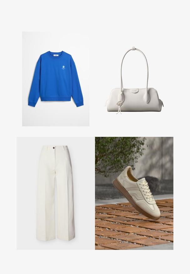 Sweatshirt bleu avec des poignets et un ourlet côtelés. Présente un petit logo sur la poitrine gauche. Fabriqué en tissu lisse et doux. Design simple à enfiler.; Pantalon crème taille haute à jambes larges, avec passants de ceinture, fermeture à bouton unique et zip, présenté à plat sur un fond uni.; Baskets couleur crème avec une semelle extérieure en caoutchouc beige texturée, un design à lacets et un marquage subtil sur le côté. Tige en cuir lisse.; Sac à bandoulière blanc Calvin Klein avec longues poignées, forme rectangulaire, fermeture éclair et charm logo décoratif suspendu près de la poignée.