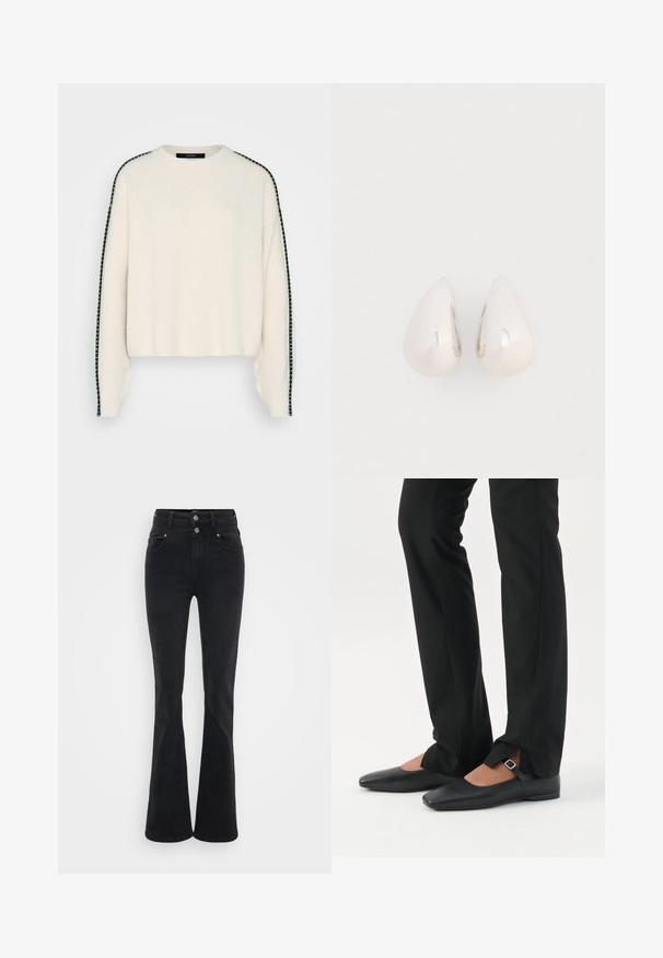 Pull en tricot de couleur crème avec une coupe décontractée, doté de liserés noirs le long des épaules et d'une texture en tricot côtelé.; Jean évasé noir en denim, avec une taille haute, deux boutons et des poches avant. Le tissu a une texture lisse avec une légère élasticité.; Jambes vêtues d’un pantalon slim noir avec des fentes à l’avant de l’ourlet, assorties à des chaussures plates Mary Jane noires avec une petite bride à boucle.; Boucles d'oreilles en métal argenté en forme de goutte, avec une surface lisse et réfléchissante, présentant un design sans couture et sans embellissements visibles.