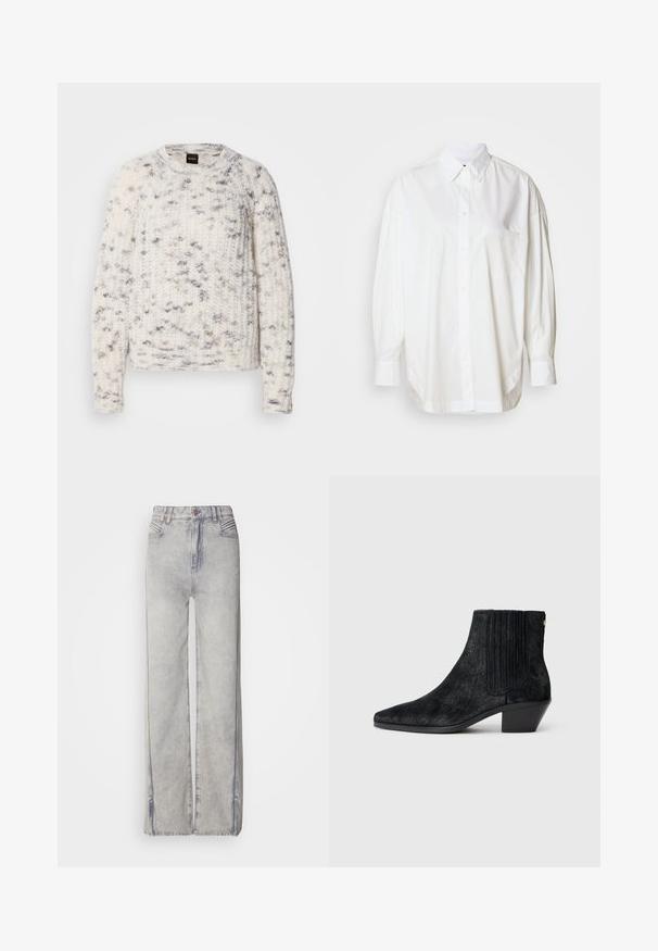 Pull tricoté blanc et gris avec un motif texturé, col rond, manches longues et coupe décontractée. Étiquette de la marque visible au niveau du col.; Chemise blanche à manches longues, boutonnée, en coton, avec une poche sur le côté gauche de la poitrine et une coupe décontractée avec un ourlet courbé.; Jean large en denim bleu clair avec un délavage, doté d'une fermeture éclair, de cinq poches et de coutures contrastantes.; Bottine noire à bout pointu, en matériau texturé imitant les cheveux, avec un panneau latéral à nervures et un petit talon carré. Un design simple et moderne.