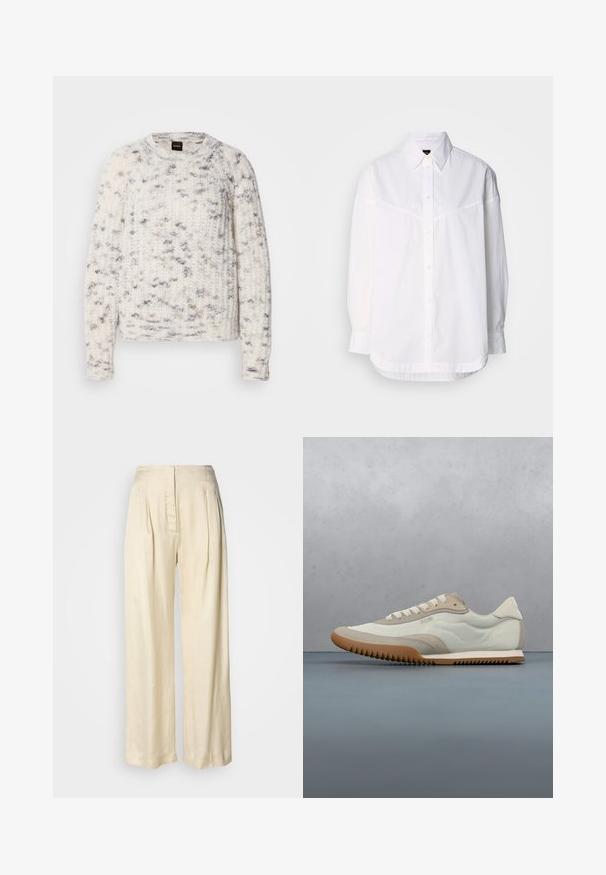 Pull tricoté blanc et gris avec un motif texturé, col rond, manches longues et coupe décontractée. Étiquette de la marque visible au niveau du col.; Chemise blanche à manches longues en coton, dotée d'un col boutonné, de boutons sur le devant et d'une coupe décontractée avec des détails de couture subtils.; Pantalon en soie crème taille haute avec plis, jambes larges et fermeture éclair avant dissimulée sur un fond blanc uni.; Sneakers blancs et beiges avec une tige lisse et des accents en daim, une semelle texturée et des coutures ton sur ton. Fermeture à lacets avec détail de logo.
