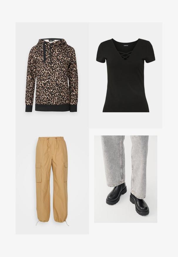 Leren capuchon sweatshirt met panterprint van zachte stof, voorzien van een zwart contrastzoom en trekkoorden. Losse pasvorm met lange mouwen.; Zwarte korte mouwen T-shirt met een diepe V-hals en crisscross-details. Gemaakt van zachte stof met een aansluitende pasvorm en een gladde textuur.; b.young BYDEMETE - Cargobroek - tiger's eye; Vagabond COSMO - Enkellaarsjes met plateauzool - black