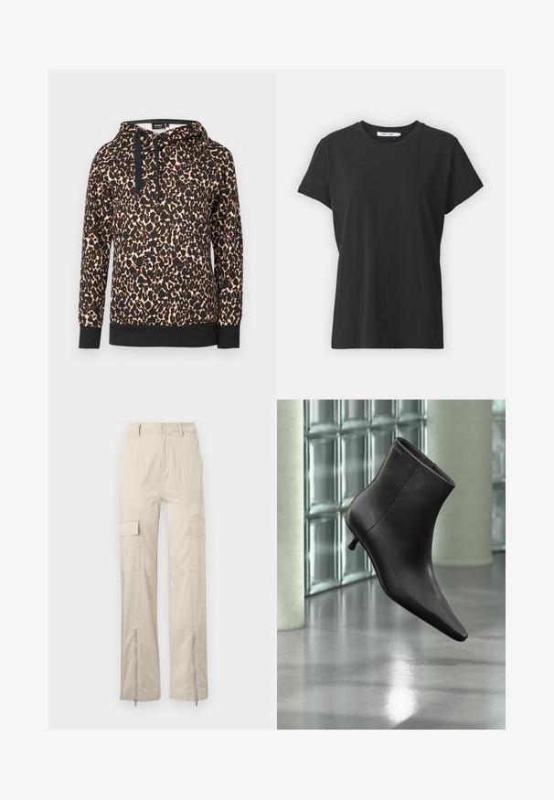 Sweatshirt à capuche en tissu doux avec un imprimé léopard, présentant un ourlet et des cordons de contraste noirs. Coupe ample avec des manches longues.; T-shirt en coton noir avec un col rond classique, des manches courtes et une coupe décontractée. Texture lisse, sans motifs ni accents visibles.; Pantalons cargo beiges avec une coupe décontractée, comprenant des poches latérales, des poignets zippés et une texture lisse. Le tissu est léger et durable.; Bottine en cuir noir avec bout pointu et petit talon, présentée devant un mur en blocs de verre et un sol poli.