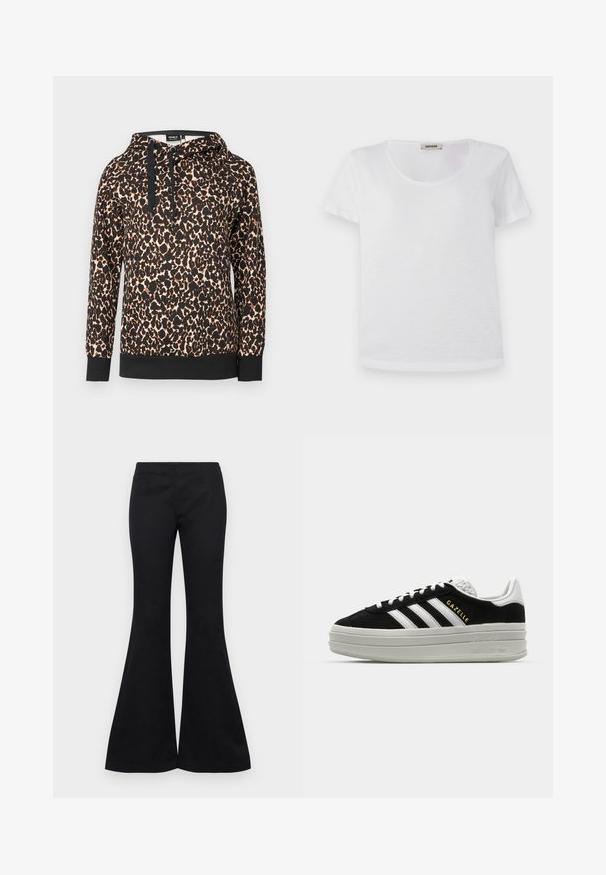 Leren capuchon sweatshirt met panterprint van zachte stof, voorzien van een zwart contrastzoom en trekkoorden. Losse pasvorm met lange mouwen.; Witte t-shirt met korte mouwen, gemaakt van zachte stof, met een ronde halslijn en een rechte zoom zonder zichtbare patronen of accenten.; Zwarte uitlopende broeken van een gladde stof, met een aansluitende bovenkant en wijde pijpen, zonder zichtbare versieringen of zakken.; Zwarte suède sneaker met witte leren accenten, drie witte strepen, platte veters en een dikke grijze platformzool. Gouden "Gazelle" branding.