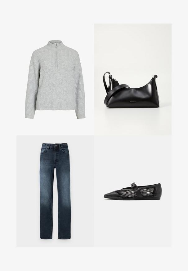 Pull gris à col zippé en tissu tricoté, présentant un motif de câble texturé, des manches côtelées et un col haut.; Jean en denim bleu foncé avec une coupe droite, cinq poches et une fermeture à bouton à l'avant. Présente des détails de décoloration près de l'ourlet.; Chaussure plate noire avec un bout pointu, panneaux latéraux en maille et une sangle avec une boucle décorative. Fini lisse sur les sections du bout et du talon.; Sac à main en cuir noir avec une texture lisse. Dispose d'une bandoulière adjustable et d'un design élégant et minimaliste avec une fermeture éclair.