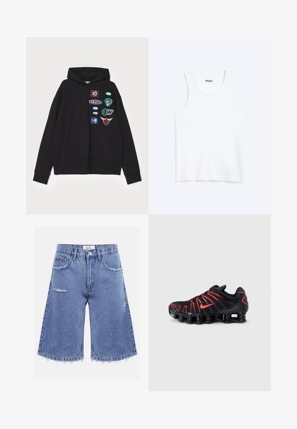 Sort hættetrøje med en stor frontlomme, ribbede manchetter og flere broderede lapper i forskellige farver og designs.; Hvid ærmeløs tanktop med rund halsudskæring og Weekday-mærke på den indvendige baghals, vist fladt på lys baggrund.; Lyseblå denimshorts til knæet med slidte detaljer, frynset kant, fem lommer og lukning med knapper foran.; Sorte atletiksko med røde detaljer, der har en struktureret mesh-overdel, et unikt bølget design og en formstøbt polstret sål.