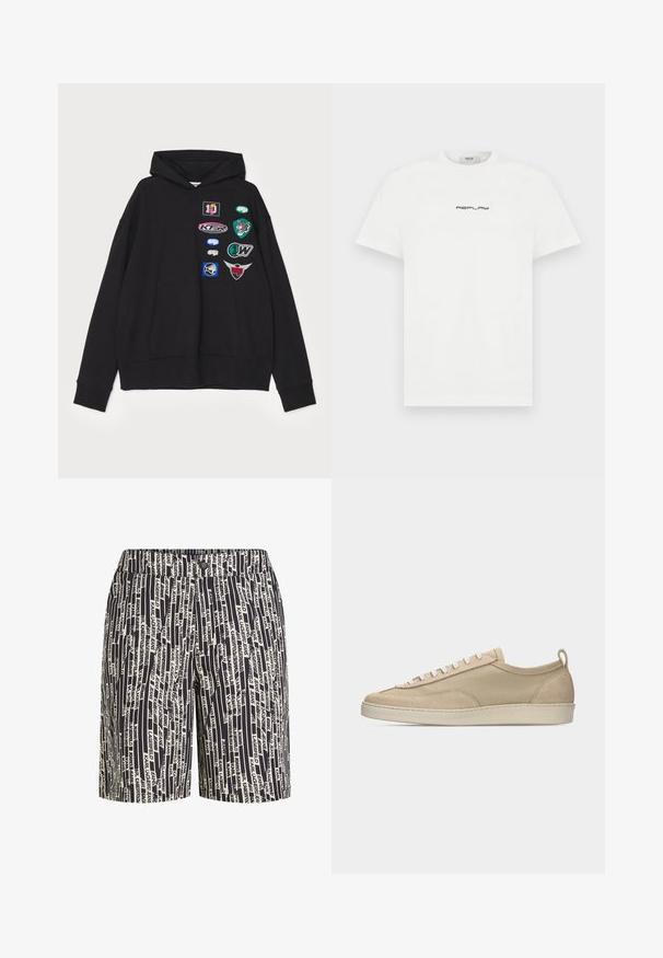 Sort hættetrøje med en stor frontlomme, ribbede manchetter og flere broderede lapper i forskellige farver og designs.; Hvid bomulds T-shirt med rund halsudskæring og korte ærmer. Fronten viser et sort "REPLAY" logo på brystet. Enkel design.; Sort-hvide shorts med et gentaget tekstmønster. Fremstillet af stof med en glat tekstur. Standard linning med knaplukning.; Beige lavtop sneakers med overdel i stof og ruskind, hvide snørebånd, gummisål og hælstrækkehank, vist i sideprofil på hvid baggrund.