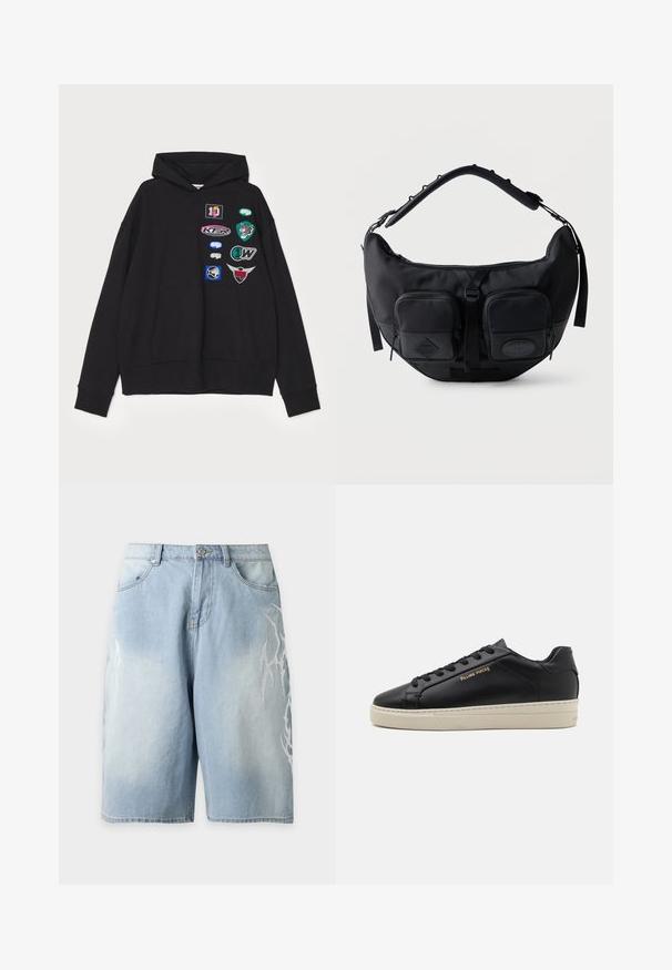 Sort hættetrøje med en stor frontlomme, ribbede manchetter og flere broderede lapper i forskellige farver og designs.; Lyseblå denimshorts med løs pasform, frontlommer, bæltestropper og hvide flammemønsterdetaljer på begge sider.; Sorte lædersneakers med en glat finish, kontrasterende cremefarvet sål, rund tå, guld logo på siden og seks huller til snørebånd.; Sort skuldertaske i halvmåneform med polstret justerbar rem og to lynlåslommer foran med trækflapper.