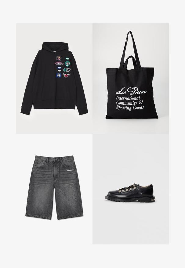 Sort hættetrøje med en stor frontlomme, ribbede manchetter og flere broderede lapper i forskellige farver og designs.; Sorte denim shorts til knæet med forlommer, bæltestropper, knaplukning og "PEGADOR"-logo på højre lomme.; Sorte læder lavskårne sko med tyk sål, metaløjer, dekorative sølv charms på snørebåndene, og tekstureret mønster på sålen.; Sort lærredstote med to solide håndtag, med hvid tekst: "Les Deux International Community & Sporting Goods."