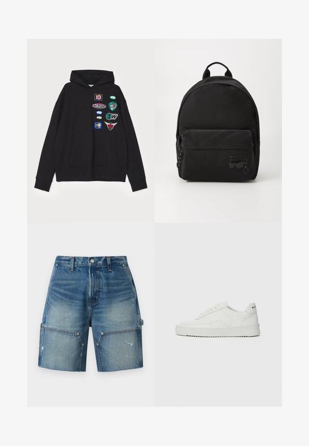 Sort hættetrøje med en stor frontlomme, ribbede manchetter og flere broderede lapper i forskellige farver og designs.; Blå denim shorts med store forlommer, knaplukning, bæltestropper og subtile slidte detaljer på højre ben.; Hvide lædersneakers med en glat overflade, rund tå, flade snørebånd og en tekstureret sål. Har et diskret logo på hælen.; Sort rygsæk lavet af glat stof, med en rund form, frontlomme med lynlås og en blank logo detaljeret nederst.