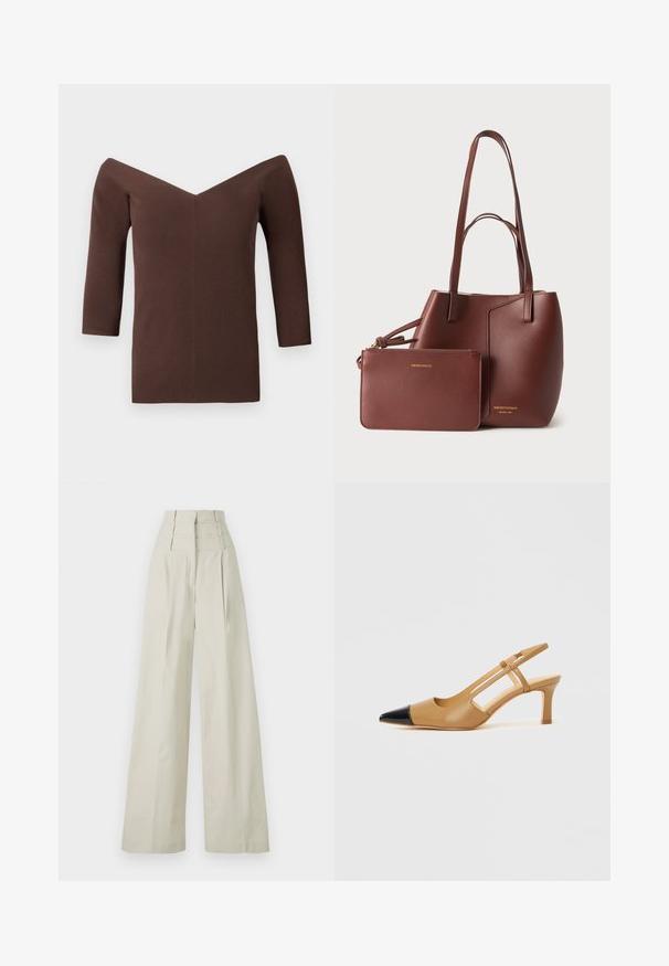 Top marron côtelé à épaules dénudées avec un décolleté en V, doté de manches trois-quarts et d'une silhouette ajustée. Texture lisse tout au long.; Pantalons larges beiges en tissu lisse, avec une taille haute dotée de trois bandes horizontales et des plis à l'avant.; Escarpins slingback couleur fauve avec embout pointu noir, côtés découpés et talon bloc de hauteur moyenne. Matière en cuir lisse.; Sac cabas en cuir marron avec deux bretelles d’épaule et une pochette assortie zippée, tous deux embossés du logo doré Emporio Armani.