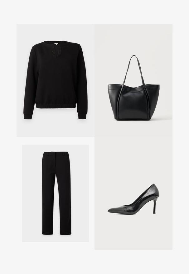 Sweatshirt noir avec un col rond, une patte de boutonnage partielle et des détails de lignes subtils. Les poignets et l'ourlet sont ajustés. Tissu doux.; Pantalon noir à jambes droites avec passants de ceinture, fermeture éclair à l'avant et une ceinture lisse, présenté sur un fond clair uni.; Chaussure à talon haut pour femme en cuir verni noir avec bout pointu et talon fin sur fond clair uni.; Sac cabas en cuir noir avec deux longues anses et un bord supérieur légèrement incurvé, présenté sur un fond clair uni.