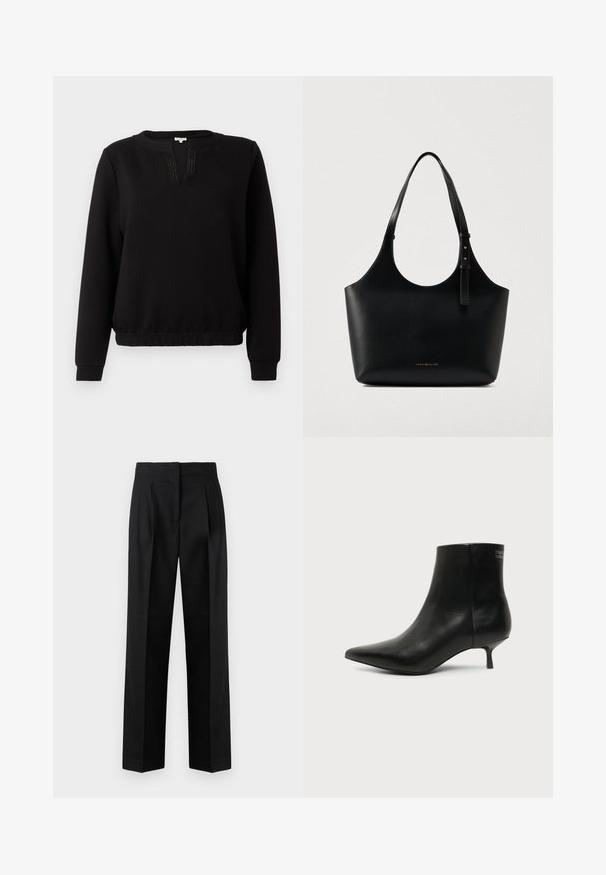 Sweatshirt noir avec un col rond, une patte de boutonnage partielle et des détails de lignes subtils. Les poignets et l'ourlet sont ajustés. Tissu doux.; Pantalon noir en tissu tissé, avec une coupe sur mesure, des plis, une jambe droite et un devant plat. Texture durable et lisse.; Bottine en cuir noir avec bout pointu et petit talon kitten sur fond clair, vue côté extérieur.; Sac tote en cuir noir avec une bandoulière réglable et un petit logo doré Tommy Hilfiger centré en bas à l'avant.