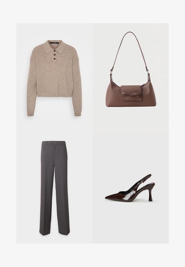 Pull en beige raccourci avec une texture côtelée, un plastron à trois boutons et un col classique. Manches longues, tissu doux et design décontracté.; Pantalon de costume gris foncé à jambes droites, fermeture à bouton et zip, passants pour ceinture, et plis marqués sur le devant de chaque jambe.; Talons slingback en cuir verni brun avec un bout pointu, un talon fin, et une sangle réglable avec une petite boucle.; Sac à bandoulière en cuir marron avec une poche à rabat avant ornée d'un détail en forme de nœud cousu et une sangle réglable.