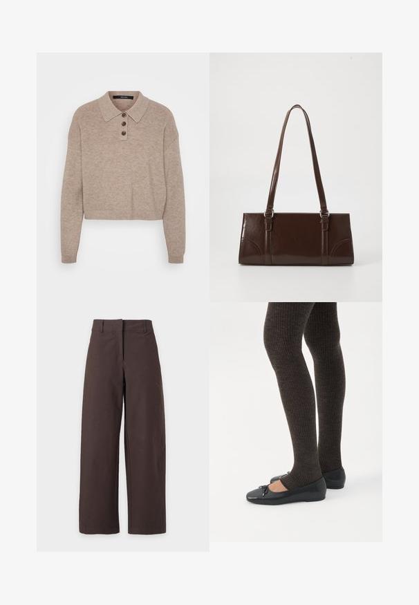 Pull en beige raccourci avec une texture côtelée, un plastron à trois boutons et un col classique. Manches longues, tissu doux et design décontracté.; Pantalon marron à jambes droites avec passants pour ceinture et fermeture avant dissimulée, présenté sur un fond clair uni.; Jambes portant des leggings côtelés foncés associés à des ballerines noires avec de petits détails en nœud sur fond blanc.; Sac à main en cuir verni marron de forme rectangulaire, avec deux longues poignées et des accents courbés subtils à l'avant.
