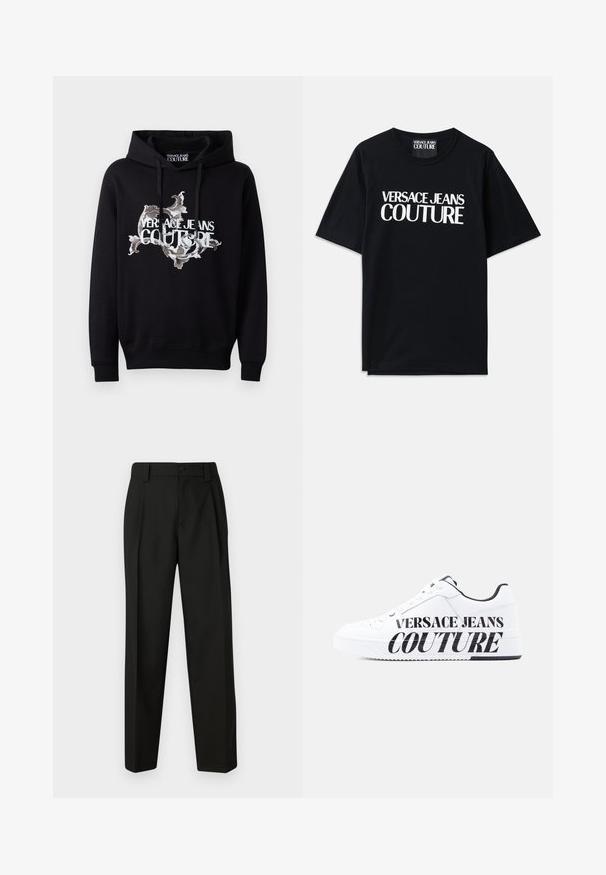 Μαύρο hoodie με κουκούλα και κορδόνι, παρουσιάζοντας μια κεντρική κομψή σχεδίαση σε λευκό και γκρι, με την εκτύπωση "VERSACE JEANS COUTURE" σε εξέχουσα θέση.; Μαύρο βαμβακερό T-shirt με κοντά μανίκια, με μεγάλο λευκό κείμενο "VERSACE JEANS COUTURE" μπροστά. Κλασικός σχεδιασμός με λαιμόκοψη.; Μαύρο ταγέρ παντελόνι φτιαγμένο από λείο ύφασμα. Διαθέτει ίσια γραμμή, κλείσιμο με έναν μόνο κουμπί και θηλιές ζώνης. Χωρίς ορατά μοτίβα ή διακοσμήσεις.; Λευκό παπούτσι τύπου low-top με μαύρη εσωτερική επένδυση, κορδόνια στο μπροστινό μέρος και μεγάλο μαύρο κείμενο "Versace Jeans Couture" στη σόλα στο πλάι και στο πάνω μέρος.