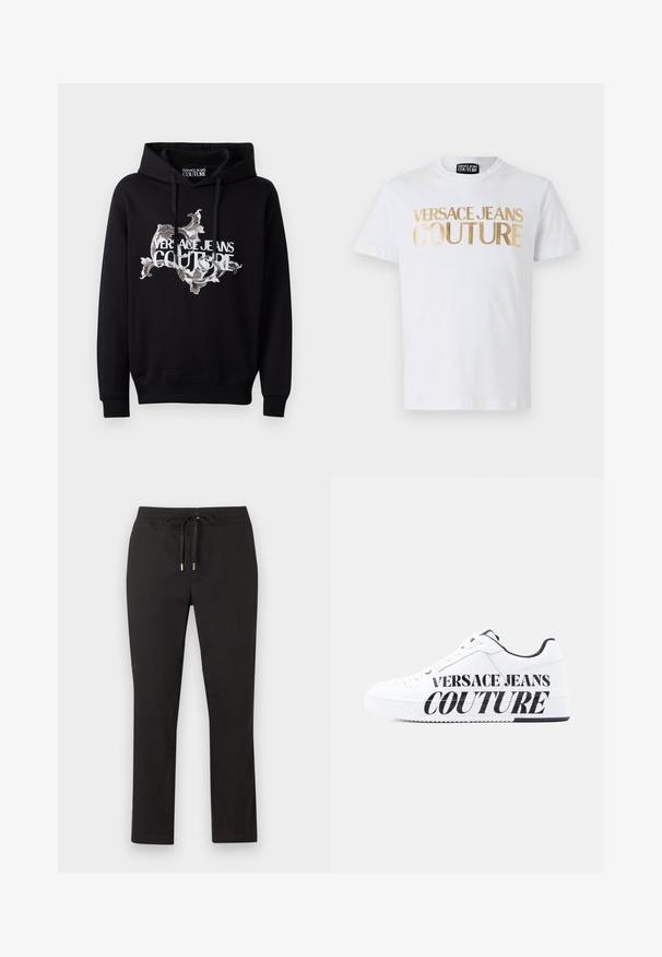 Čierna mikina s kapucňou na šnúrku, so stredovým ozdobným vzorom v bielej a šedej farbe a výrazne vytlačeným nápisom "VERSACE JEANS COUTURE".; Biela bavlnená tričko s výrazným zlatým nápisom "VERSACE JEANS COUTURE" na prednej strane. Okruhly výstrih a krátke rukávy.; Čierne nohavice rovného strihu s elastickým pásom a šnúrkou s kovovými koncami, položené na svetlom podklade.; Biela nízka teniska s čiernym vnútorným lemovaním, šnurovacím predkom a veľkým čiernym nápisom "Versace Jeans Couture" na bočnej podrážke a hornej časti.