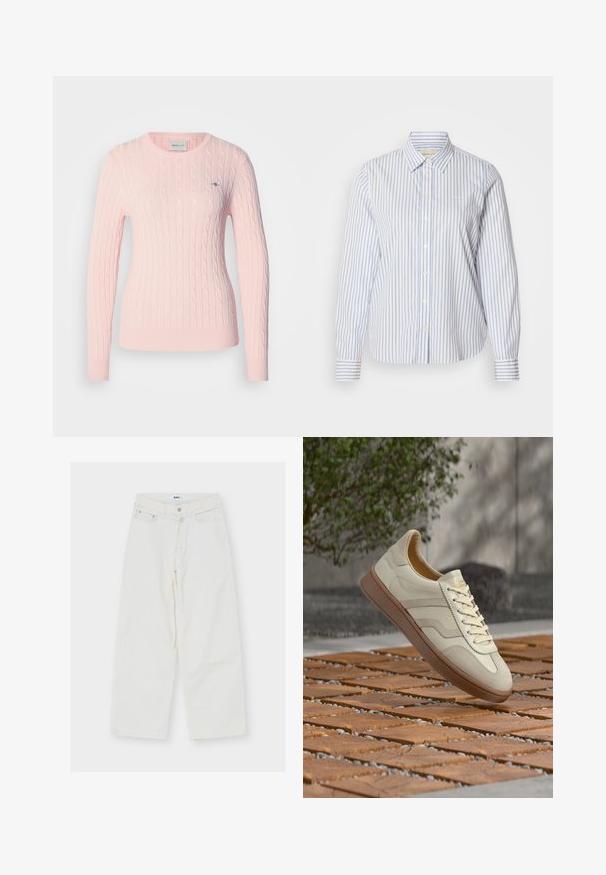 Pull en maille torsadée rose clair avec manches longues et encolure ronde. Comprend un petit logo sur la poitrine et un ourlet côtelé.; Chemise à rayures bleues et blanches avec col classique, manches longues et ourlet droit. Le tissu a une texture lisse.; Jean blanc taille haute à jambes larges avec fermeture avant par bouton et zip, passants de ceinture et deux poches avant, posé à plat sur fond blanc.; Baskets décontractées beiges avec semelle marron clair, nom de marque visible, flottant au-dessus de carreaux en bois et de cailloux en extérieur avec un arrière-plan flou de verdure.