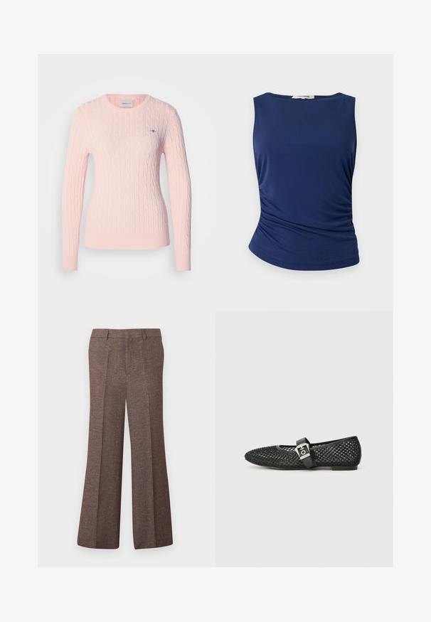 Pull en maille torsadée rose clair avec manches longues et encolure ronde. Comprend un petit logo sur la poitrine et un ourlet côtelé.; Haut sans manches bleu marine en tissu lisse et extensible. Présente des détails froncés sur les côtés et un ourlet arrondi pour une silhouette ajustée.; Pantalon marron taille haute à jambes larges, avec plis à l'avant, passants pour ceinture et tissu texturé.; Ballerines à bout pointu en résille noire, dotées d'un talon plat et d'une bride à boucle autour de la cheville ; surface texturée avec un motif tissé.