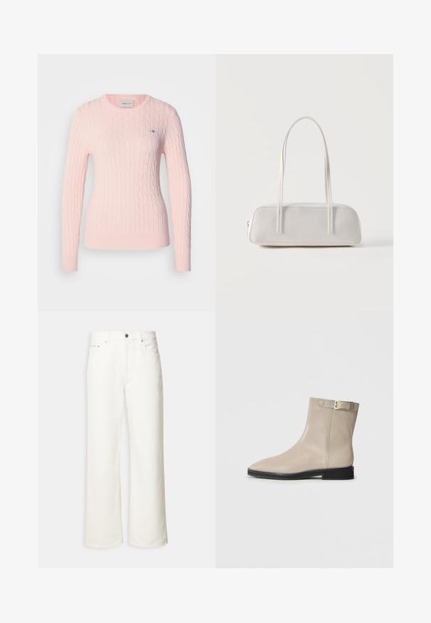 Pull en maille torsadée rose clair avec manches longues et encolure ronde. Comprend un petit logo sur la poitrine et un ourlet côtelé.; Jean blanc à jambes larges avec boutons à l'avant, passants de ceinture et design à cinq poches.; Bottes en cuir beige à la cheville avec un bout pointu, semelle noire, talon bas et une sangle à boucle dorée sur le côté externe, présentées sur un fond blanc.; Sac d'épaule rectangulaire blanc avec des bretelles longues et fines, couture minimale, et fermeture éclair sur un fond uni.