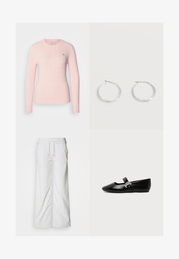 Pull en maille torsadée rose clair avec manches longues et encolure ronde. Comprend un petit logo sur la poitrine et un ourlet côtelé.; Pantalon blanc à coupe large en coton doux. Il présente une taille élastique avec un cordon de serrage et un détail discret sur les coutures latérales.; Chaussure plate Mary Jane en cuir noir avec bout arrondi et bride à boucle argentée sur fond uni.; Boucles d’oreilles créoles en métal argenté avec une surface lisse légèrement incurvée et des fermoirs à clapet sur un fond blanc uni.